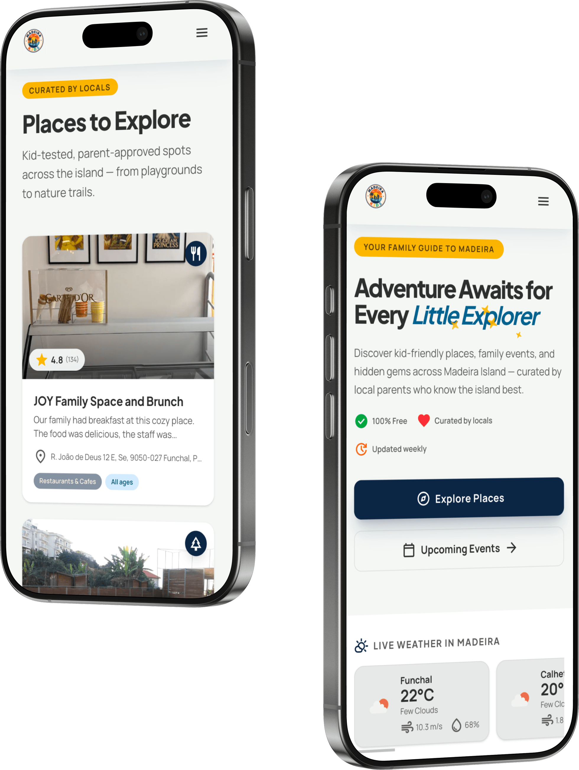 Interface mobile da Madeira Kids — ecrã inicial da aplicação